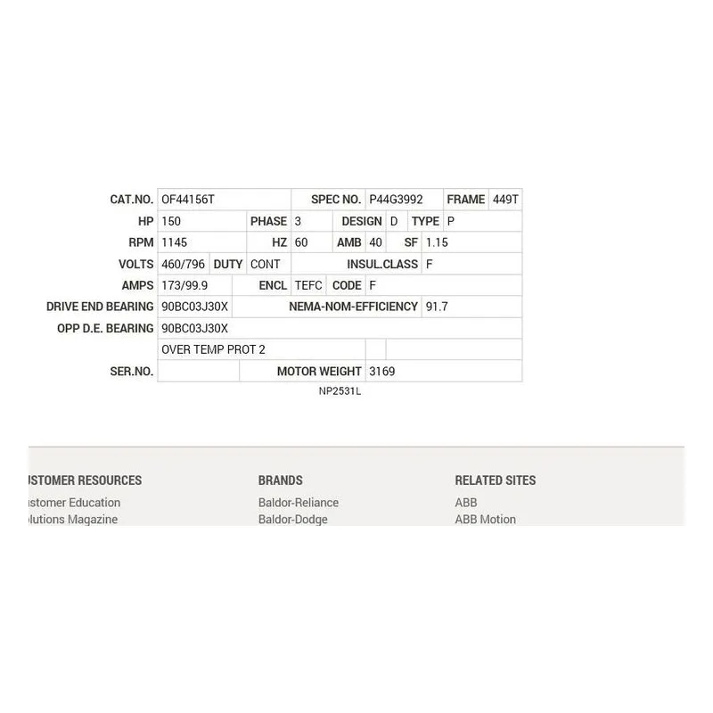 OF44156T Baldor 150 HP, 1145 RPM, 3 PH, 60 HZ, 449T, A44160M, TEFC Motor Nameplate - view 2