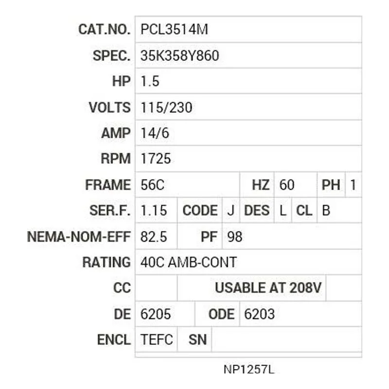 PCL3514M Baldor 1.5 HP, 1725 RPM, 1 PH, 60 HZ, 56C, 3535LC, TEFC Motor Nameplate - view 2