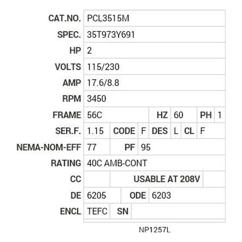 PCL3515M Baldor 2 HP, 3450 RPM, 1 PH, 60 HZ, 56C, 3524LC, TEFC, F1 Motor Nameplate - view 2