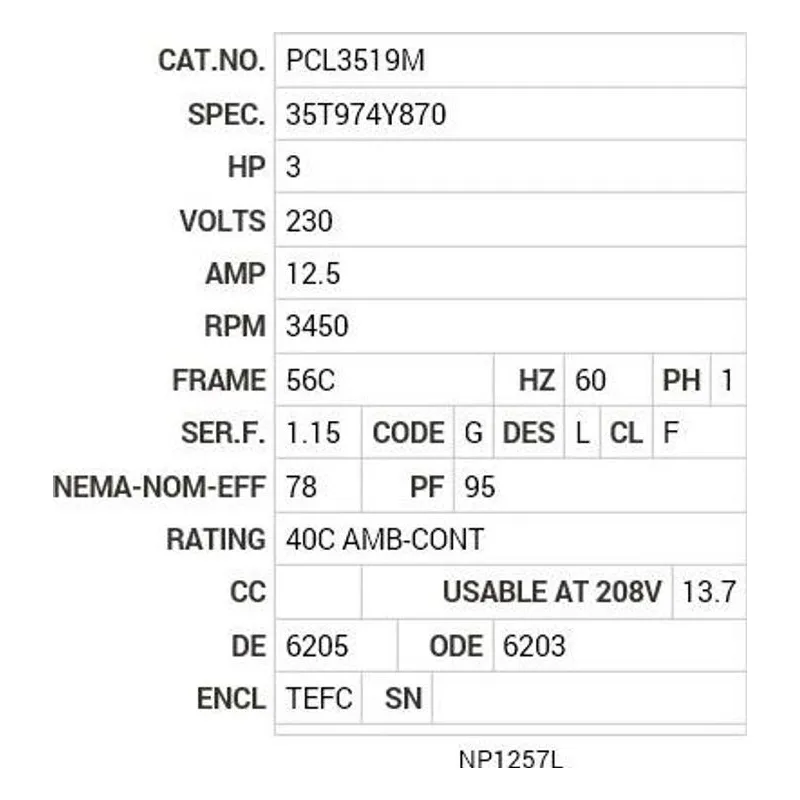 PCL3519M Baldor 3 HP, 3450 RPM, 1 PH, 60 HZ, 56C, 3532LC, TEFC, F1 Motor Nameplate - view 2