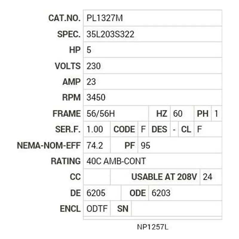 PL1327M Baldor 5 HP, 3450 RPM, 1 PH, 60 HZ, 56/56H, 3535LC, ODTF Motor Nameplate - view 2