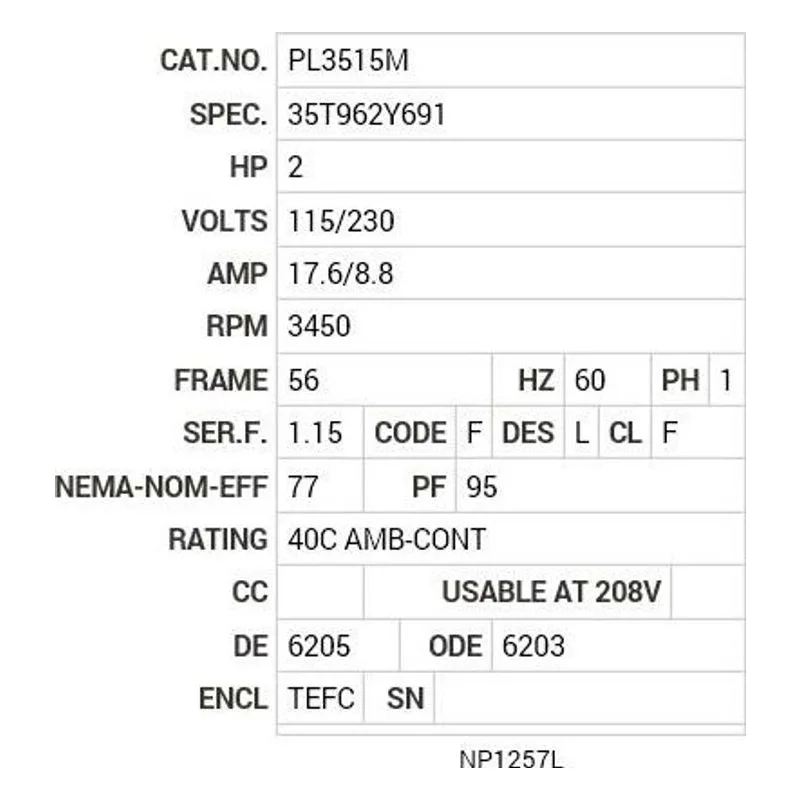 PL3515M Baldor 2 HP, 3450 RPM, 1 PH, 60 HZ, 56, 3524LC, TEFC, F1 Motor Nameplate - view 2