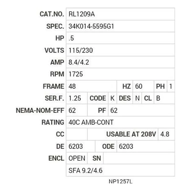 RL1209A Baldor .5 HP, 1725 RPM, 1 PH, 60 HZ, 48, 3418L, OPEN, F1, N Motor Nameplate - view 2