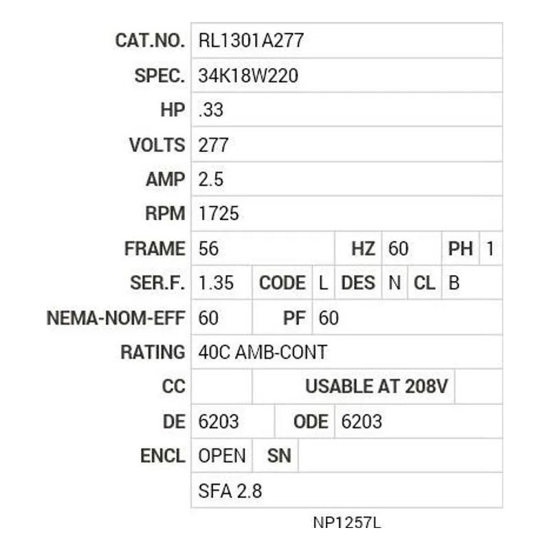 RL1301A277 Baldor .33HP/1725 RPM/1PH/OPEN/NEMA 56 Motor Nameplate - view 2