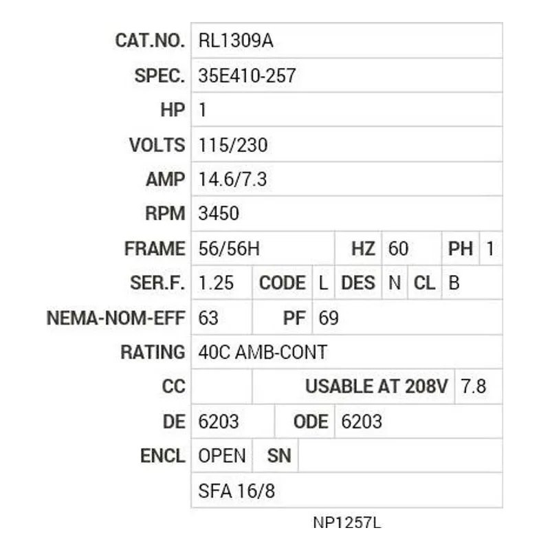 RL1309A Baldor 1 HP, 3450 RPM, 1 PH, 60 HZ, 56/56H, 3520L, OPEN Motor Nameplate - view 2