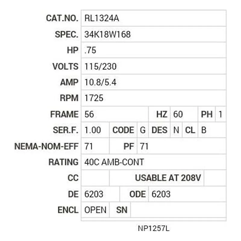 RL1324A Baldor .75 HP, 1725 RPM, 1 PH, 60 HZ, 56, 3424L, OPEN, F1 Motor Nameplate - view 2