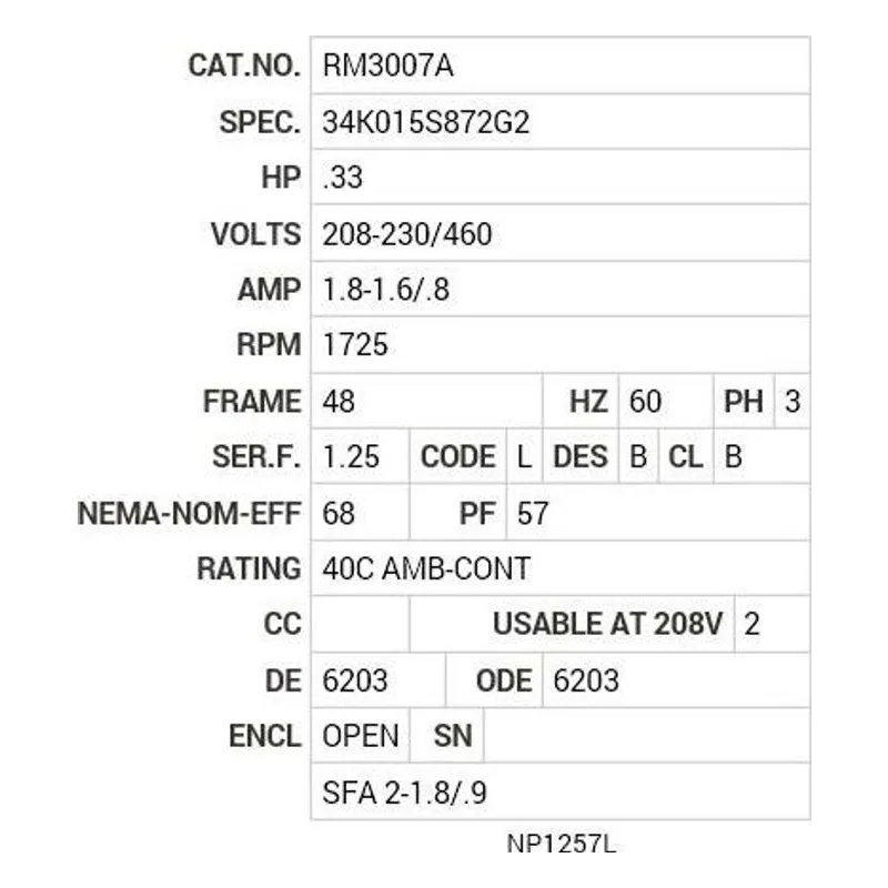 RM3007A Baldor .33 HP, 1725 RPM, 3 PH, 60 HZ, 48, 3413M, OPEN, F1 Motor Nameplate - view 2