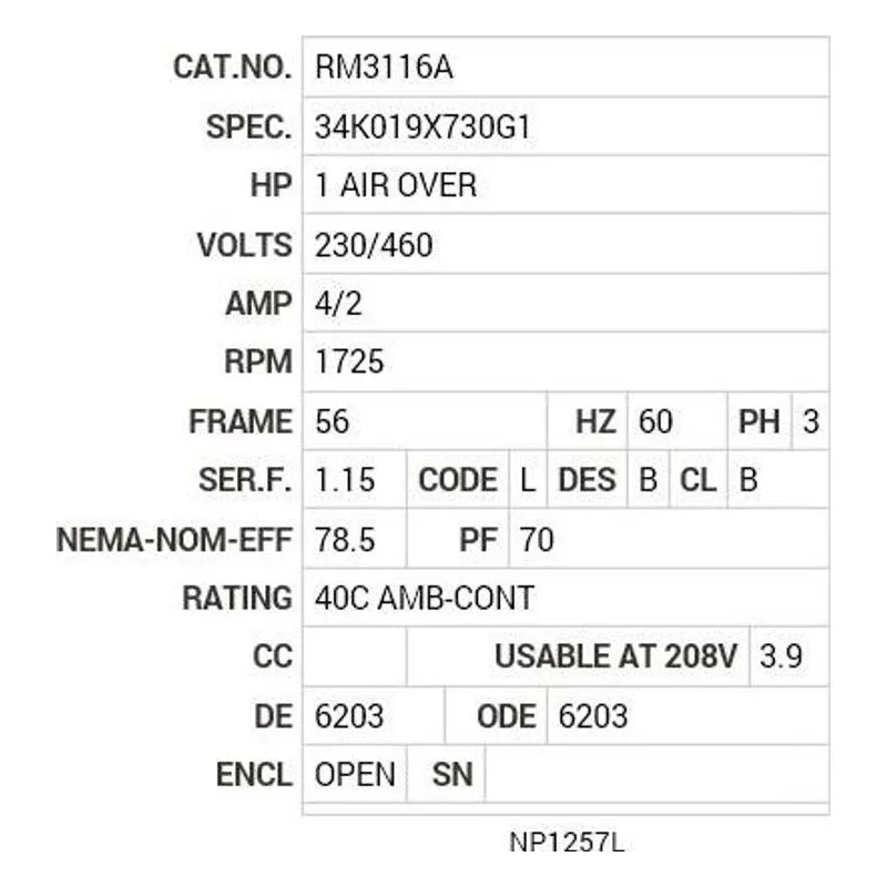 RM3116A Baldor 1 HP, 1750 RPM, 3 PH, 60 HZ, 56H, 3516M, OPEN, F1, N Motor Nameplate - view 2