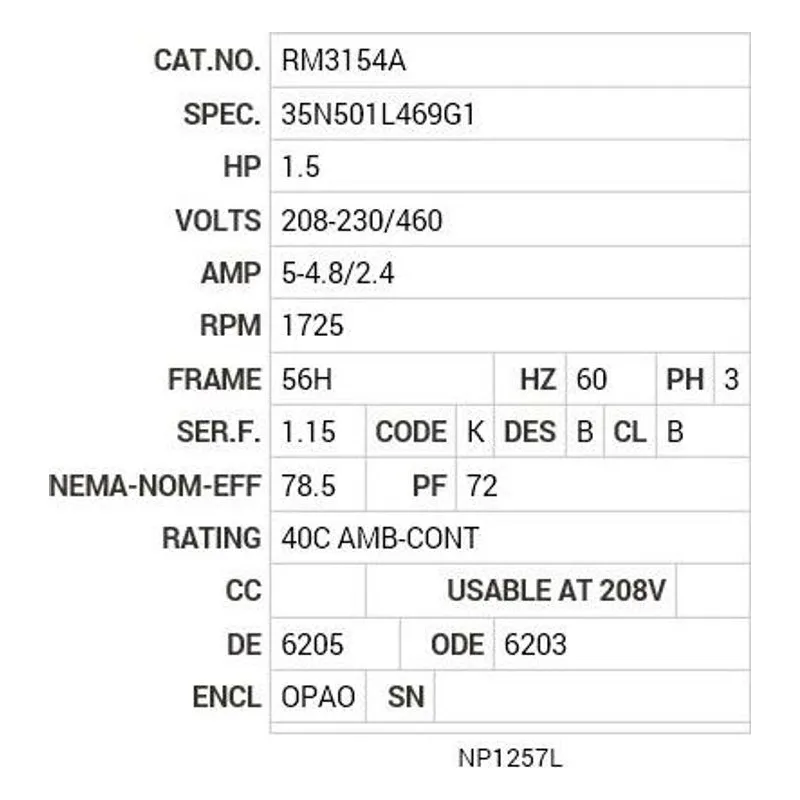 RM3154A Baldor 1.5 HP, 1725 RPM, 3 PH, 60 HZ, 56H, 3520M, OPAO, F1 Motor Nameplate - view 2