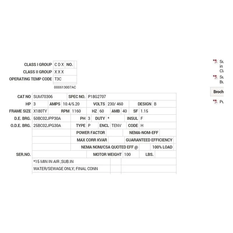 SUM70306 Baldor 3 HP, 1160 RPM, 3 PH, 60 HZ, 180TY, TENV, FOOTLES Motor Nameplate - view 2