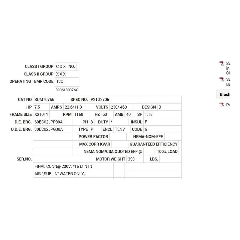 SUM70756 Baldor 7.50 HP, 1150 RPM, 3 PH, 60 HZ, 210TY, TENV, FOOT Motor Nameplate - view 2