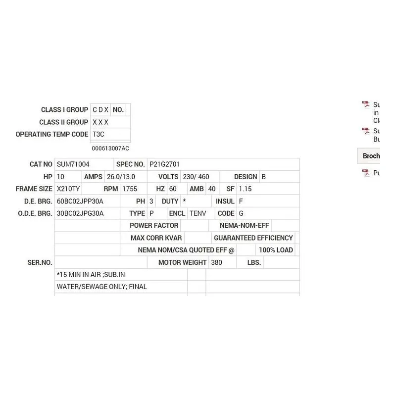 SUM71004 Baldor 10 HP, 1755 RPM, 3 PH, 60 HZ, 210TY, TENV, FOOTLE Motor Nameplate - view 2