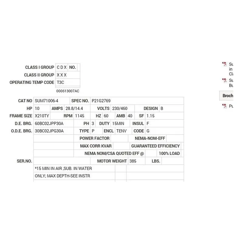 SUM71006-4 Baldor 10 HP,  RPM, 0 PH,  HZ, 210TY, TENV, V1 Motor Nameplate - view 2