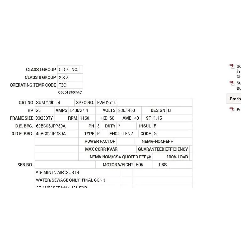 SUM72006-4 Baldor 20 HP, 1160 RPM, 3 PH, 60 HZ, 250TY, TENV, FOOTLE Motor Nameplate - view 2