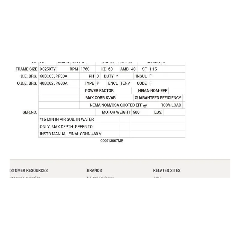 SUM72506-4 Baldor 25 HP, 1160 RPM, 3 PH, 60 HZ, 250TY, TENV, FOOTLE Motor Nameplate - view 2