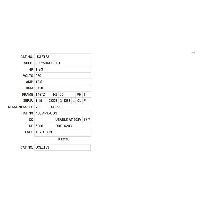UCLE153 Baldor 1.5-3 HP, 3450 RPM, 1 PH, 60 HZ, 145TZ, 3532LC, TE Motor Nameplate - view 2