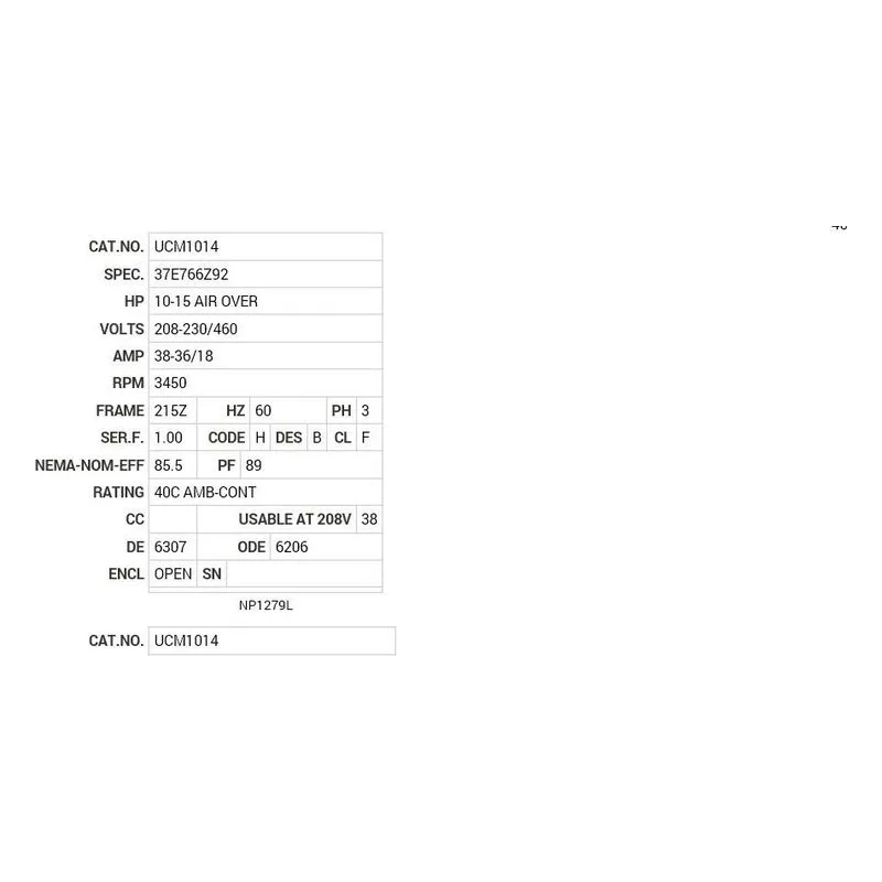 UCM1014 Baldor 10-15 HP, 3450 RPM, 3 PH, 60 HZ, 215Z, 3726M, OPEN Motor Nameplate - view 2