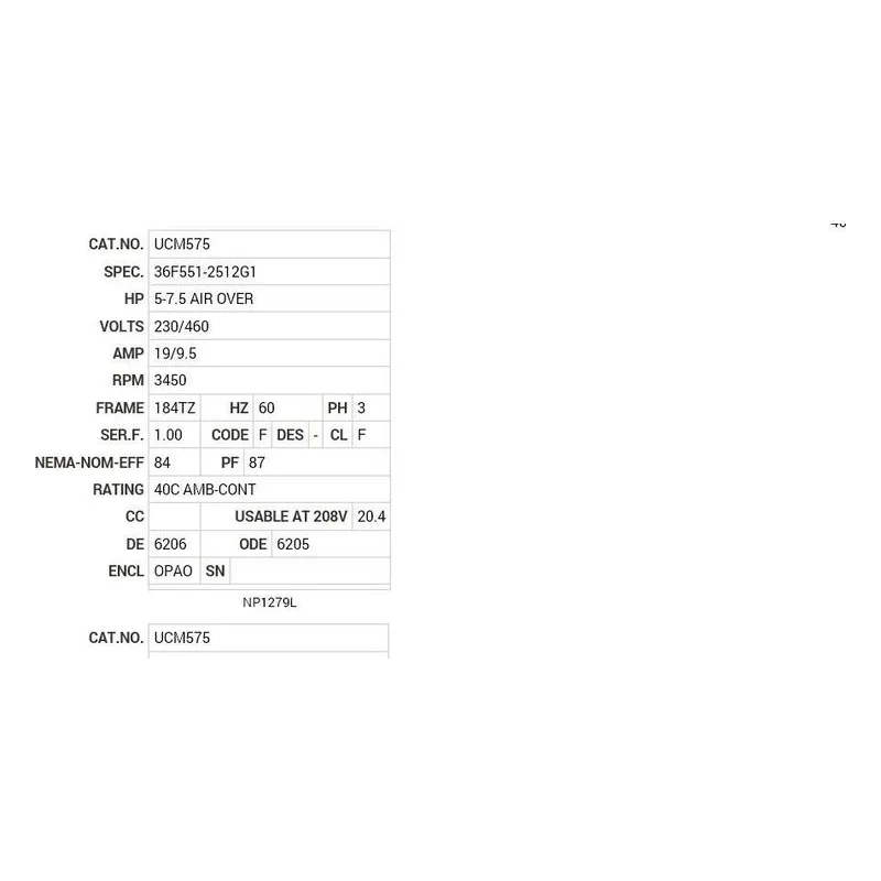 UCM575 Baldor 5-7 1/2 HP, 3450 RPM, 3 PH, 60 HZ, 184TZ, 3628M, O Motor Nameplate - view 2