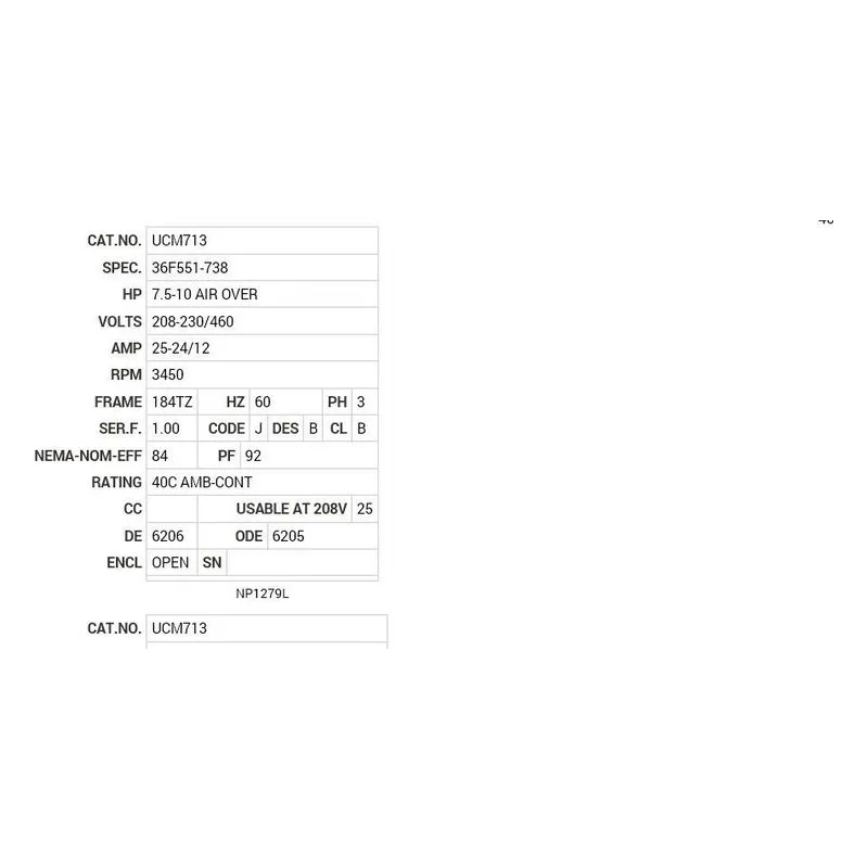 UCM713 Baldor 7.5-10 HP, 3450 RPM, 3 PH, 60 HZ, 184TZ, 3646M Motor Nameplate - view 2