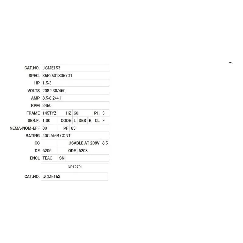 UCME153 Baldor 1.5-3 HP, 3450 RPM, 3 PH, 60 HZ, 145TZ, 3524M, TEA Motor Nameplate - view 2