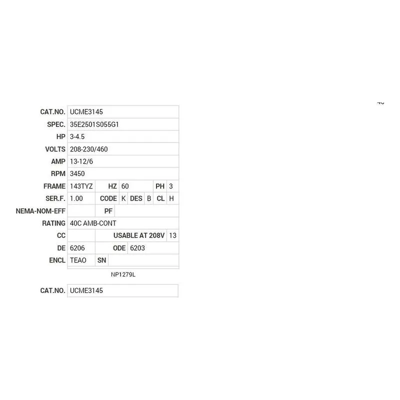 UCME3145 Baldor 3-4.5 HP, 3450 RPM, 3 PH, 60 HZ, 143TZ, 3528M, TEA Motor Nameplate - view 2