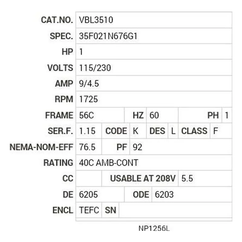 VBL3510 Baldor 1 HP, 1725 RPM, 1 PH, 60 HZ, 56C, 3522LC, TEFC, F1 Motor Nameplate - view 2