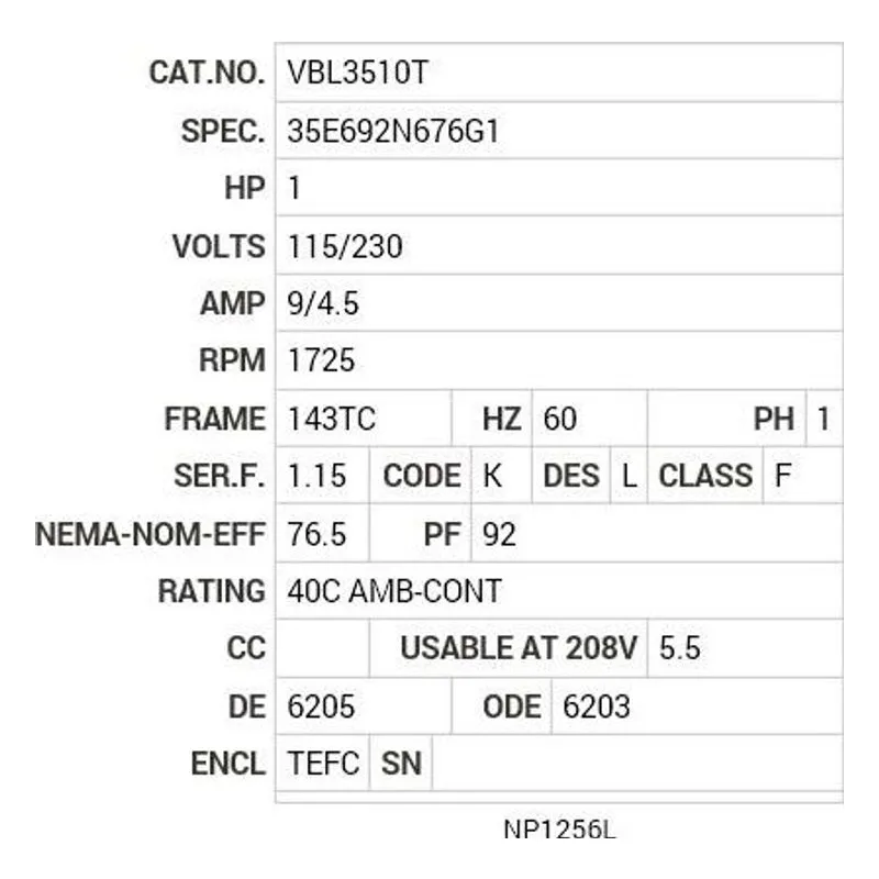 VBL3510T Baldor 1 HP, 1725 RPM, 1 PH, 60 HZ, 143TC, 3522LC, TEFC, F Motor Nameplate - view 2