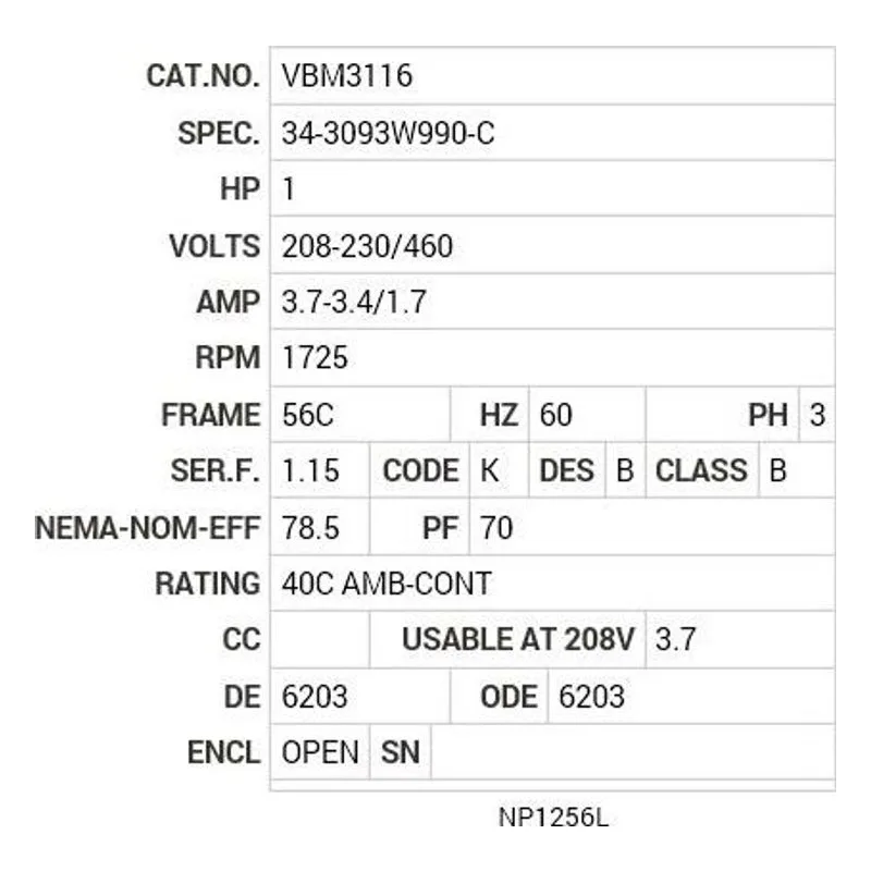VBM3116 Baldor 1 HP, 1725 RPM, 3 PH, 60 HZ, 56C, BRAKE, 3424M Motor Nameplate - view 2