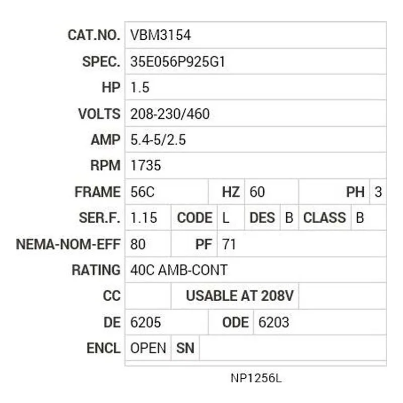 VBM3154 Baldor 1.5 HP, 1735 RPM, 3 PH, 60 HZ, 56C, 3519M, OPEN, F1 Motor Nameplate - view 2