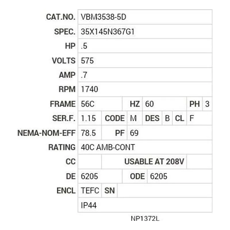 VBM3538-5D Baldor .5 HP, 1740 RPM, 3 PH, 60 HZ, 56C, 3512M, TEFC, F3 Motor Nameplate - view 2