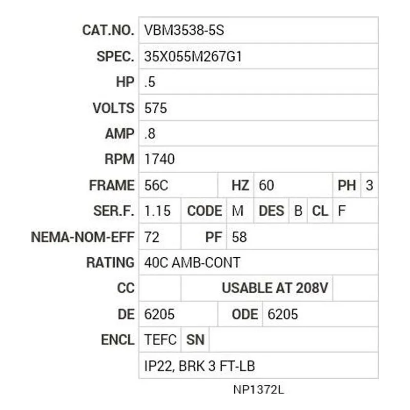 VBM3538-5S Baldor .5 HP, 1740 RPM, 3 PH, 60 HZ, 56C, 3511M, TEFC, F3 Motor Nameplate - view 2