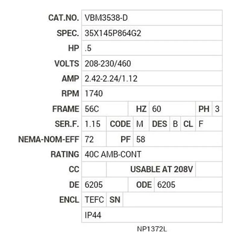 VBM3538-D Baldor .5 HP, 1740 RPM, 3 PH, 60 HZ, 56C, 3511M, TEFC, F3 Motor Nameplate - view 2