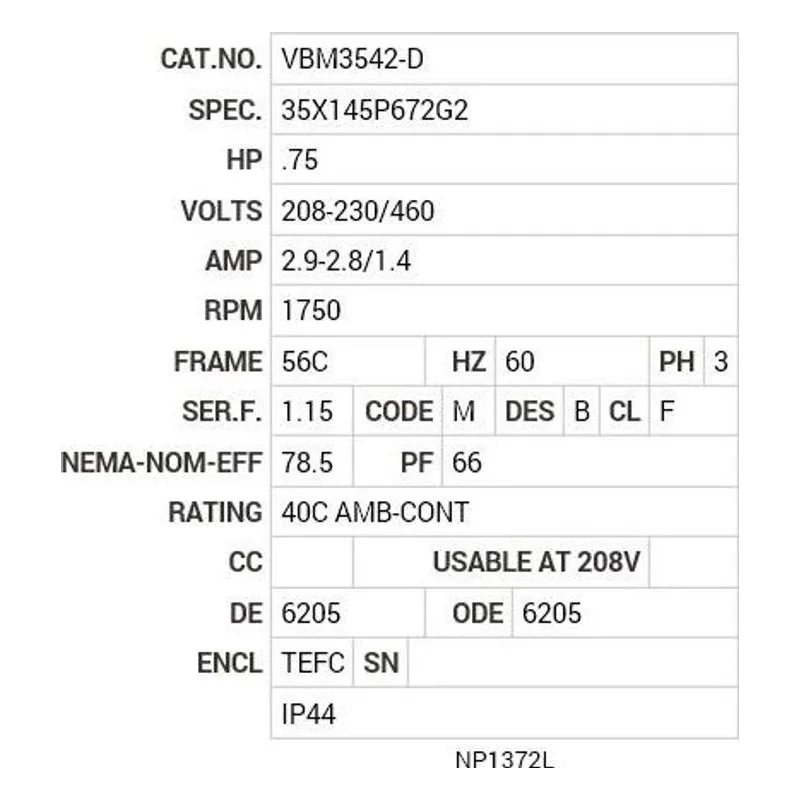 VBM3542-D Baldor .75 HP, 1750 RPM, 3 PH, 60 HZ, 56C, 3514M, TEFC, F3 Motor Nameplate - view 2