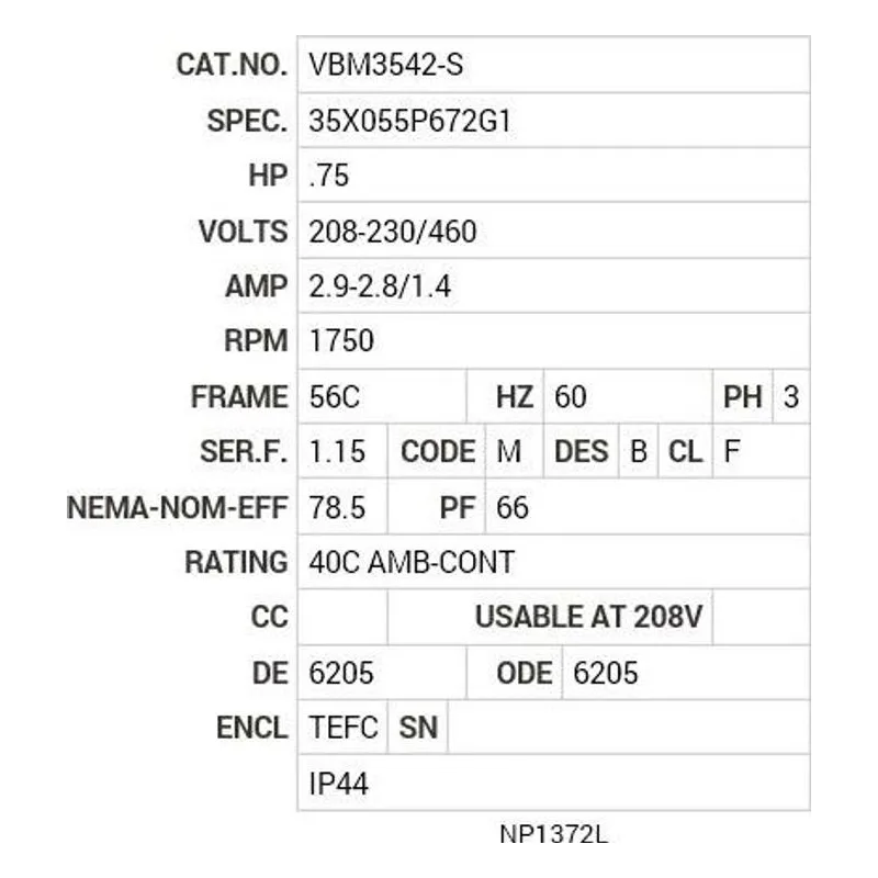 VBM3542-S Baldor .75 HP, 1750 RPM, 3 PH, 60 HZ, 56C, 3514M, TEFC, F3 Motor Nameplate - view 2