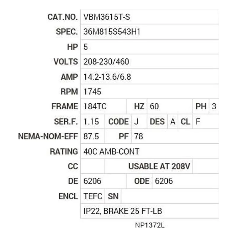 VBM3615T-S Baldor 5 HP, 1745 RPM, 3 PH, 60 HZ, 184TC, 3634M, TEFC, F1 Motor Nameplate - view 2