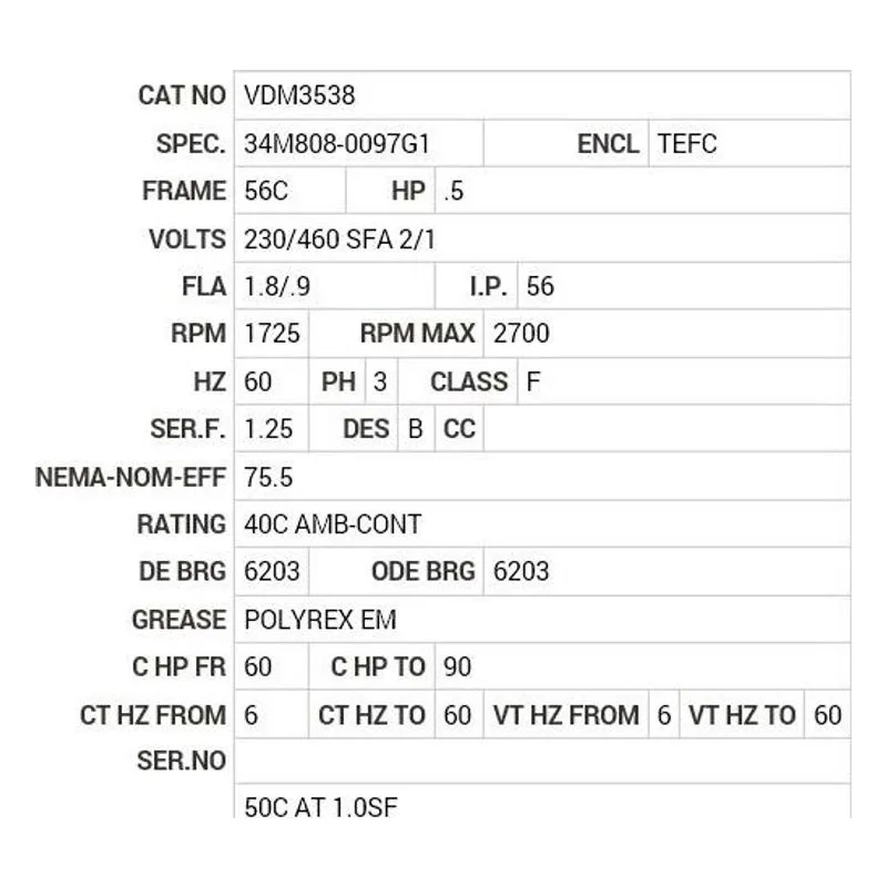 VDM3538 Baldor .5 HP, 1725 RPM, 3 PH, 60 HZ, 56C, 3420M, TEFC, F1 Motor Nameplate - view 2