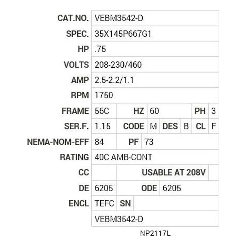VEBM3542-D Baldor .75 HP, 1750 RPM, 3 PH, 60 HZ, 56C, 3517M, TEFC, F3 Motor Nameplate - view 2