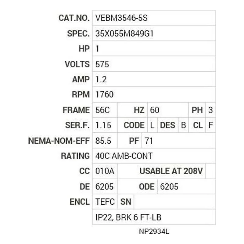 VEBM3546-5S Baldor 1 HP, 1760 RPM, 3 PH, 60 HZ, 56C, 3519M, TEFC, F3, B Motor Nameplate - view 2