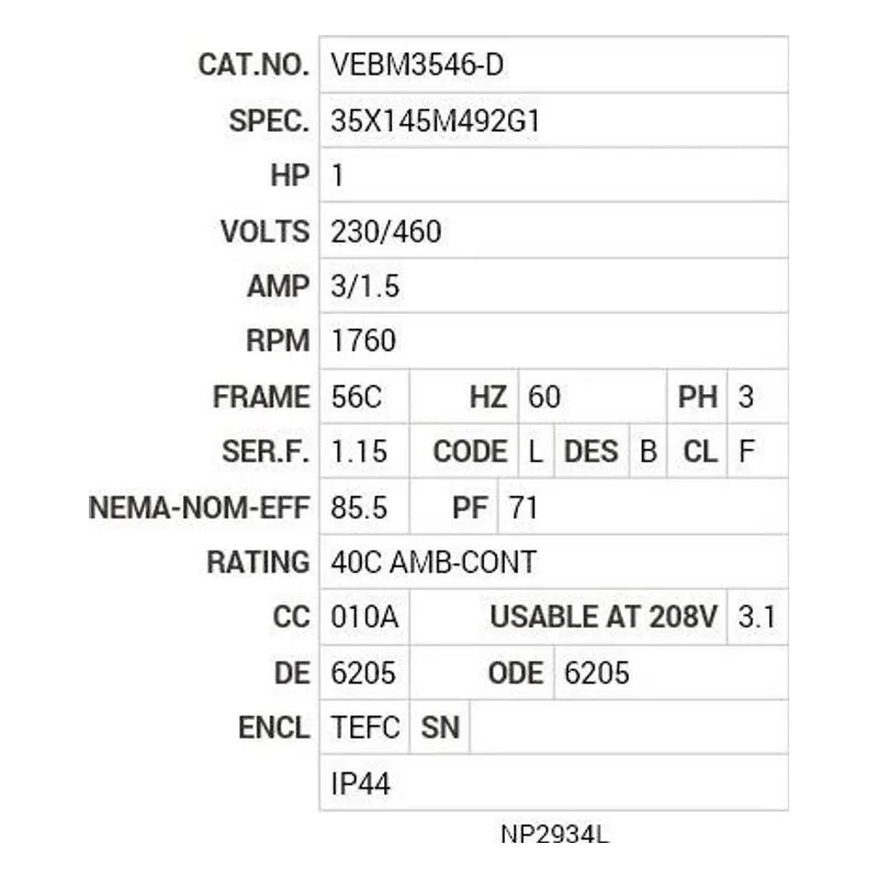 VEBM3546-D Baldor 1 HP, 1760 RPM, 3 PH, 60 HZ, 56C, 3519M, TEFC, F3, B Motor Nameplate - view 2