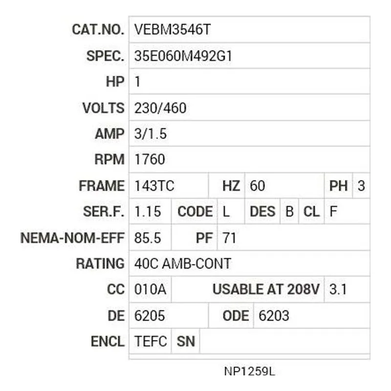VEBM3546T Baldor 1 HP, 1760 RPM, 3 PH, 60 HZ, 143TC, 3519M, TEFC, F1 Motor Nameplate - view 2