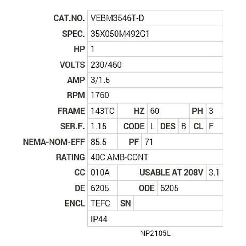 VEBM3546T-D Baldor 1 HP, 1760 RPM, 3 PH, 60 HZ, 143TC, 3519M, TEFC, F3 Motor Nameplate - view 2