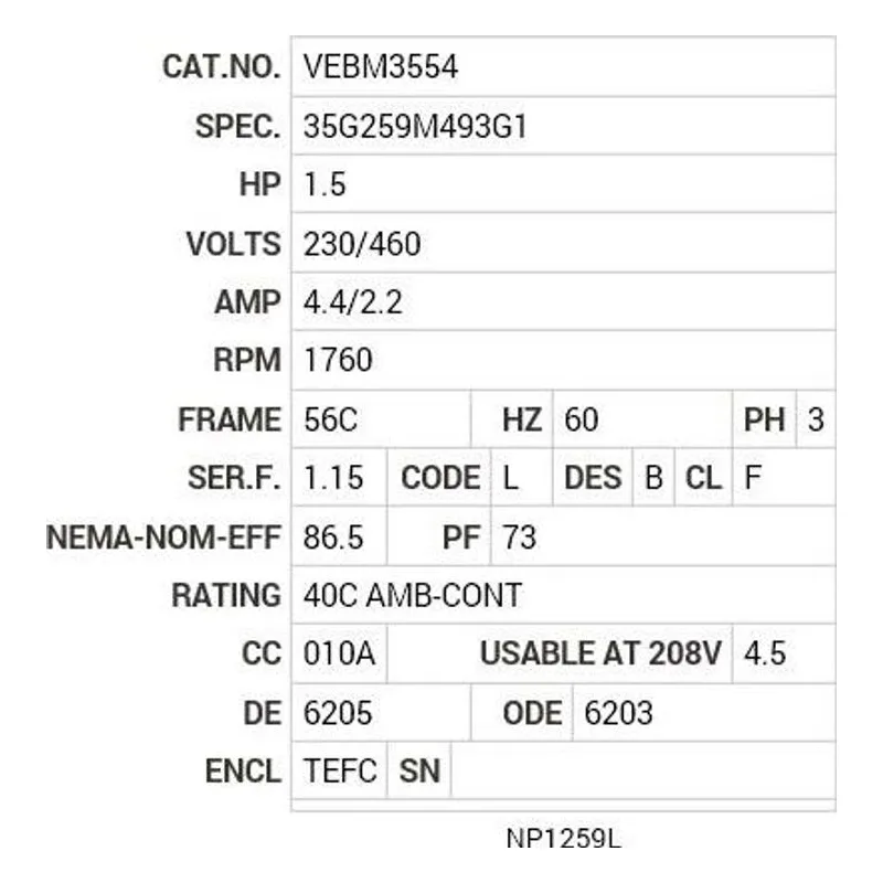 VEBM3554 Baldor 1.1KW, 1760 RPM, 3 PH, 60 HZ, 56C, 3526M, TEFC, F1 Motor Nameplate - view 2