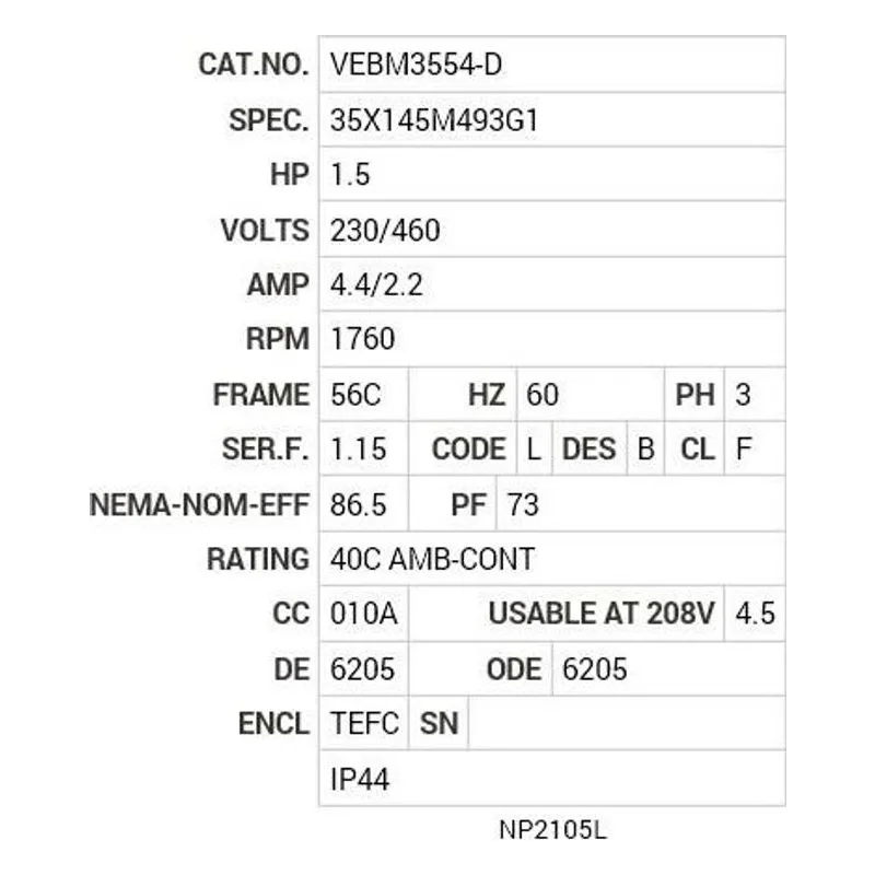 VEBM3554-D Baldor 1.5 HP, 1760 RPM, 3 PH, 60 HZ, 56C, 3526M, TEFC, F3 Motor Nameplate - view 2