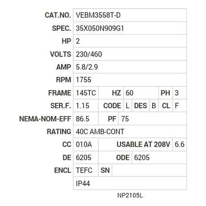 VEBM3558T-D Baldor 2 HP, 1755 RPM, 3 PH, 60 HZ, 145TC, 3528M, TEFC, F3 Motor Nameplate - view 2