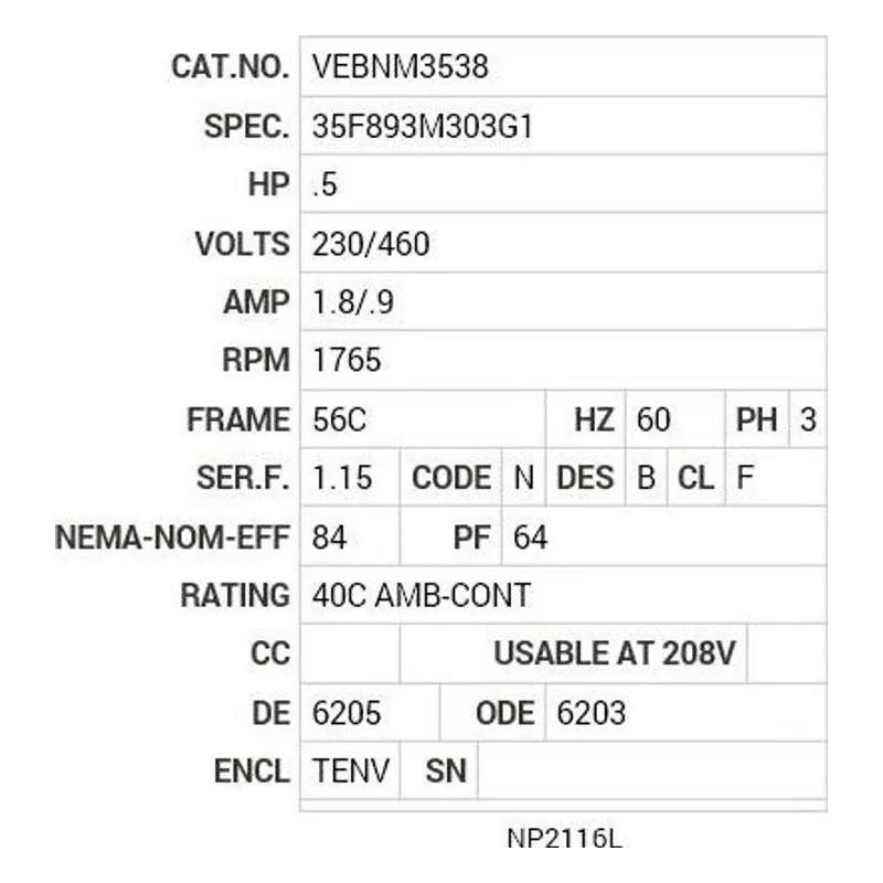 VEBNM3538 Baldor .5 HP, 1765 RPM, 3 PH, 60 HZ, 56C, 3516M, TENV, F1 Motor Nameplate - view 2