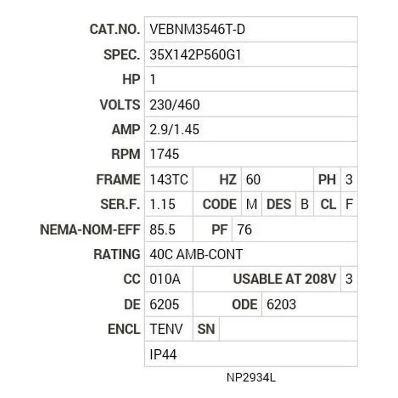 VEBNM3546T-D Baldor 1 HP, 1745 RPM, 3 PH, 60 HZ, 143TC, 3524M, TENV, F3 Motor Nameplate - view 2