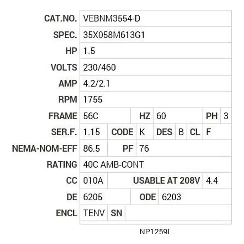 VEBNM3554-D Baldor 1.5 HP, 1755 RPM, 3 PH, 60 HZ, 56C, 3533M, TENV, F3 Motor Nameplate - view 2