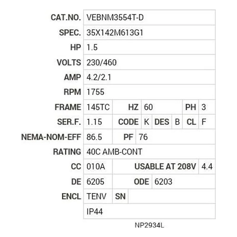 VEBNM3554T-D Baldor 1.5 HP, 1755 RPM, 3 PH, 60 HZ, 145TC, 3533M, TENV Motor Nameplate - view 2