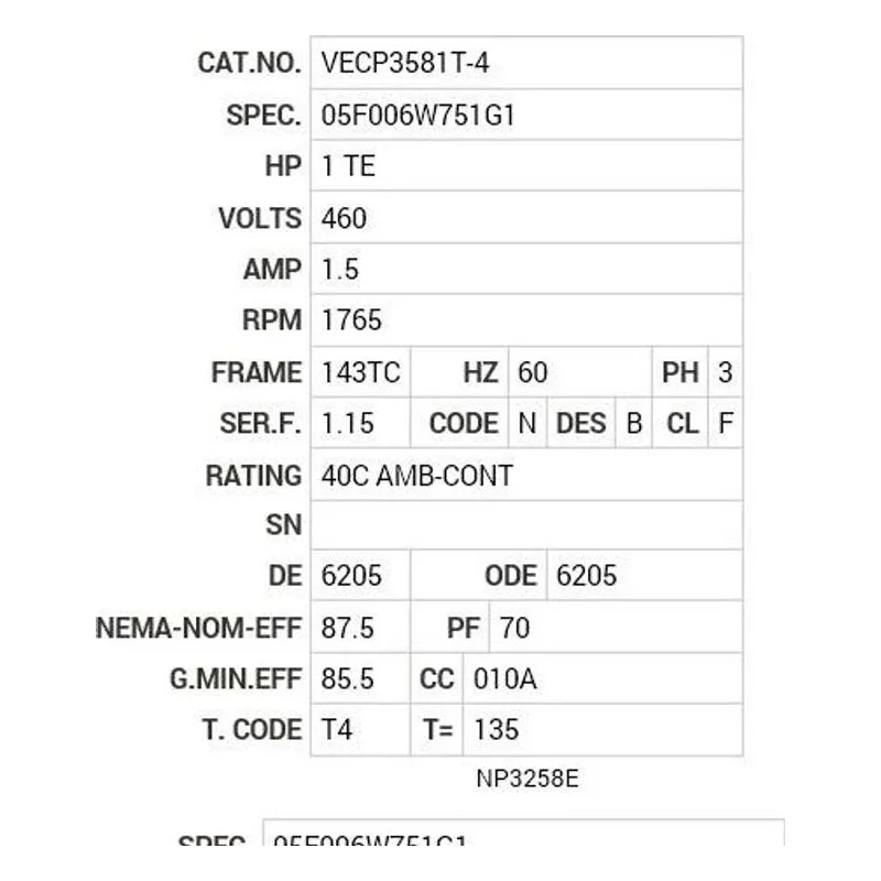 VECP3581T-4 Baldor 1 HP, 1765 RPM, 3 PH, 60 HZ, 143TC, 0524M, TEFC, F1 Motor Nameplate - view 2