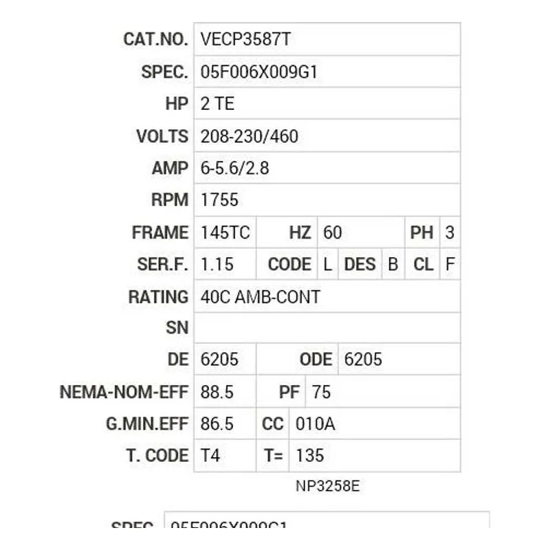 VECP3587T Baldor 2 HP, 1755 RPM, 3 PH, 60 HZ, 145TC, 0535M, TEFC, F1 Motor Nameplate - view 2